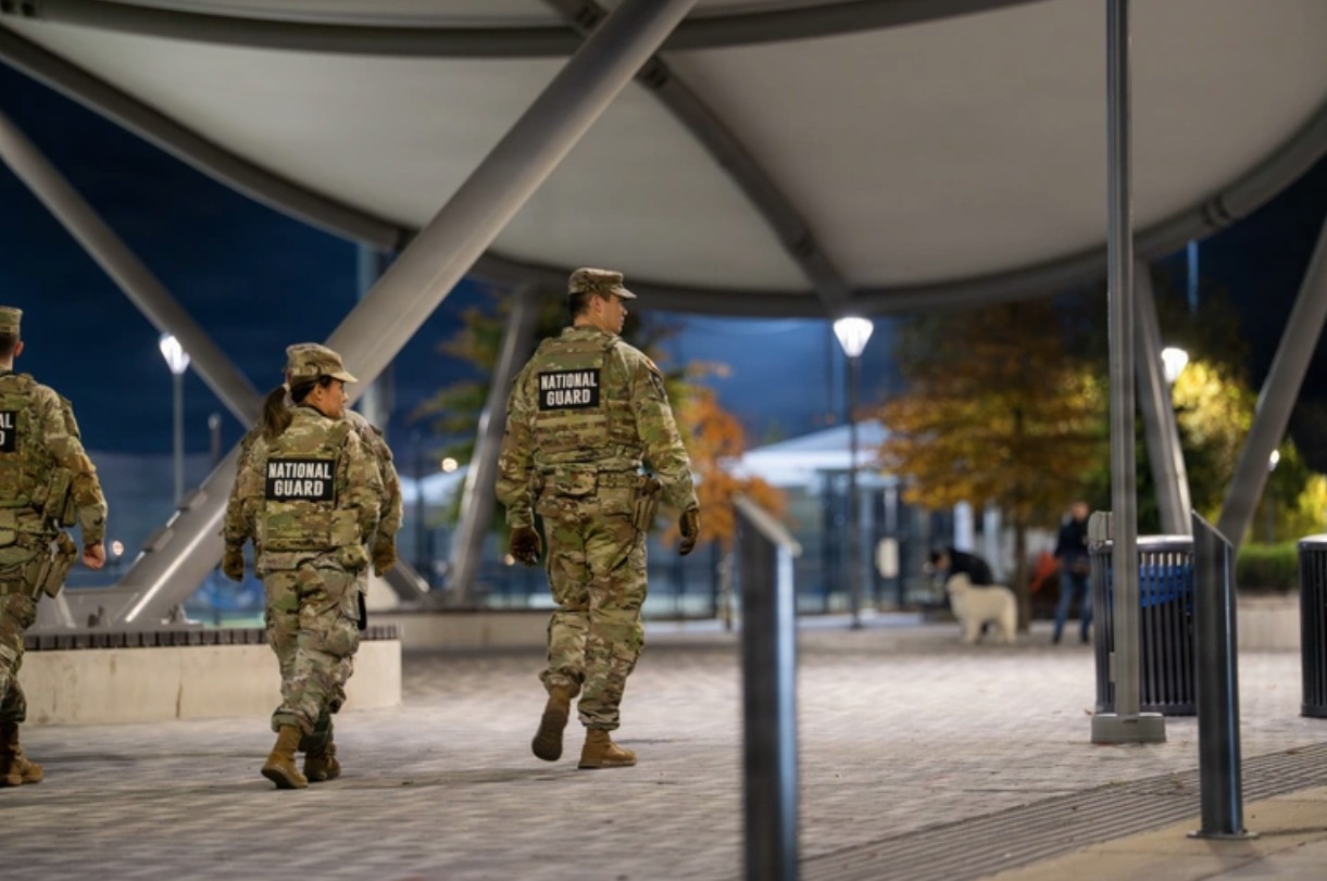U.S. Army National Guard Soldiers conduct an evening presence patrol in Washington, D.C., as part of the Safe and Beautiful mission.